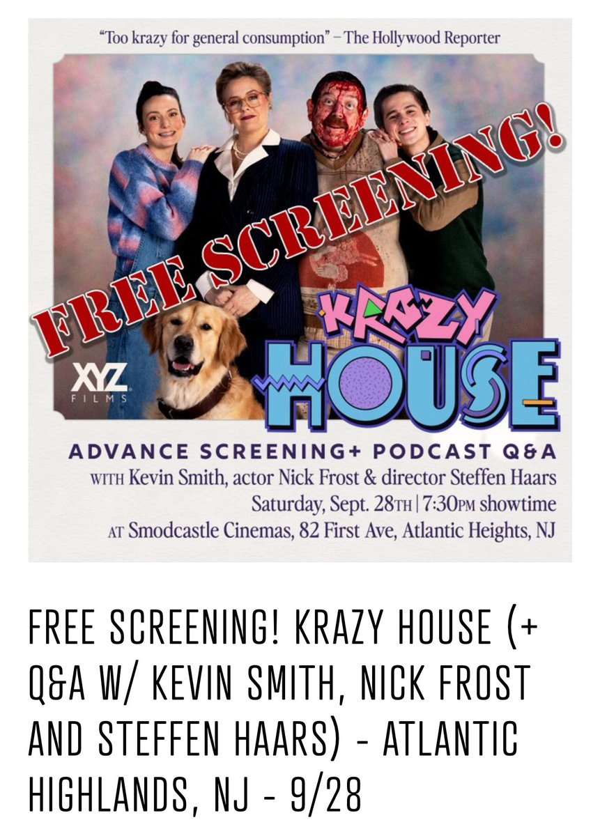 COME SEE A NEW MOVIE WITH ME at <a href="/SmodCinemas/">Smodcastle Cinemas</a> - FOR FREE!
Join us 1 week from today for a sneak screening of KRAZY HOUSE, with the director AND Shaun of the Dead’s 
NICK FROST! This flick makes <a href="/tuskthemovie/">Tusk</a> look like <a href="/YogaHosers/">Yoga Hosers</a>! Get FREE tickets here: 
smodcastlecinemas.com/ticketing/AA1A…