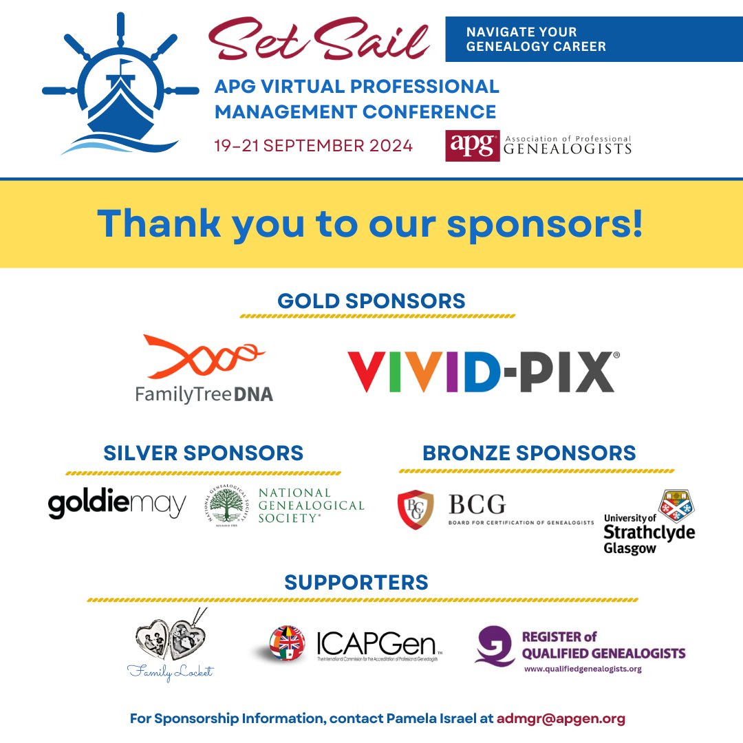 APGgenealogy's tweet photo. Thank you to these generous sponsors for supporting the 2024 Virtual Professional Management Conference! https://t.co/9hKgTr4hxH