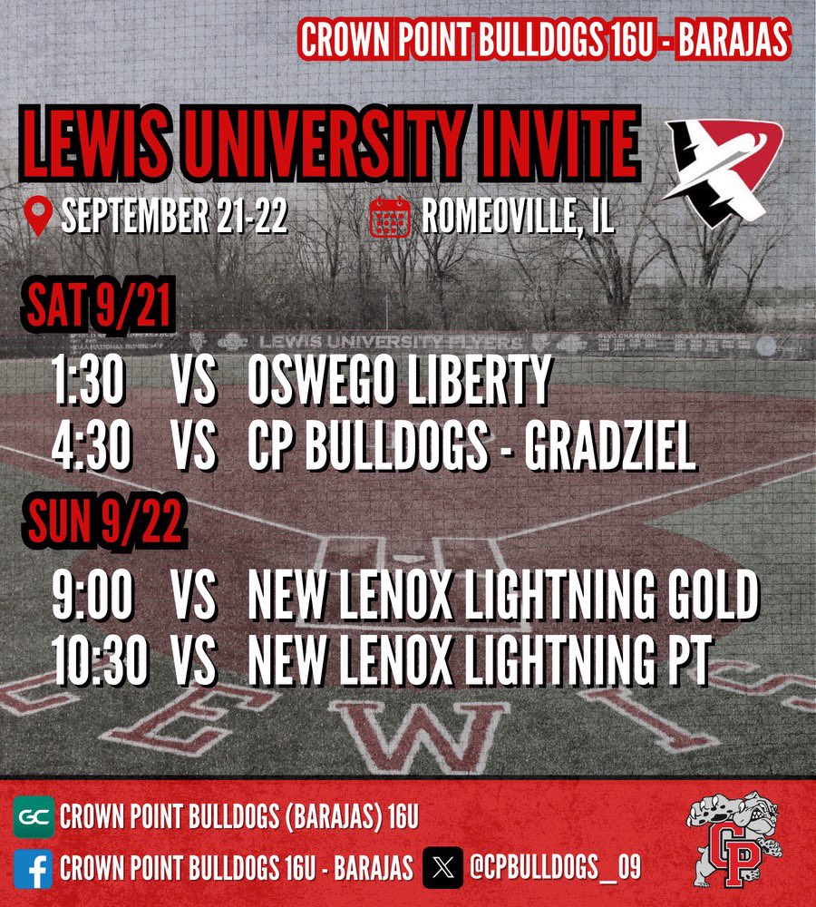 Kpollack2027 (@kpollack2027) on Twitter photo Heading to the Lewis University Invite! Here’s our schedule
<a href="/CPbulldogs09/">Crown Point Bulldogs Barajas</a> <a href="/LewisSoftball/">Lewis Softball</a> Heading to the Lewis University Invite! Here’s our schedule
<a href="/CPbulldogs09/">Crown Point Bulldogs Barajas</a> <a href="/LewisSoftball/">Lewis Softball</a>