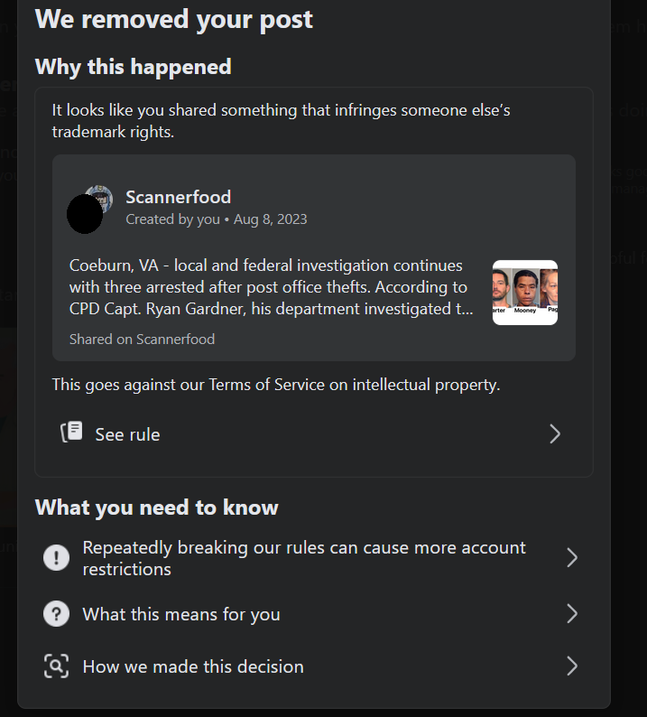 scannerfood's tweet photo. Efforts to appeal our post regarding the flagging of a Facebook post of a police press release and mugshots has failed. According to Meta the mugshots and press release from the Coeburn, VA Police dept violate trademark protections.

Free Speech is being silenced! 
#censorship https://t.co/OCJCDBQwfX