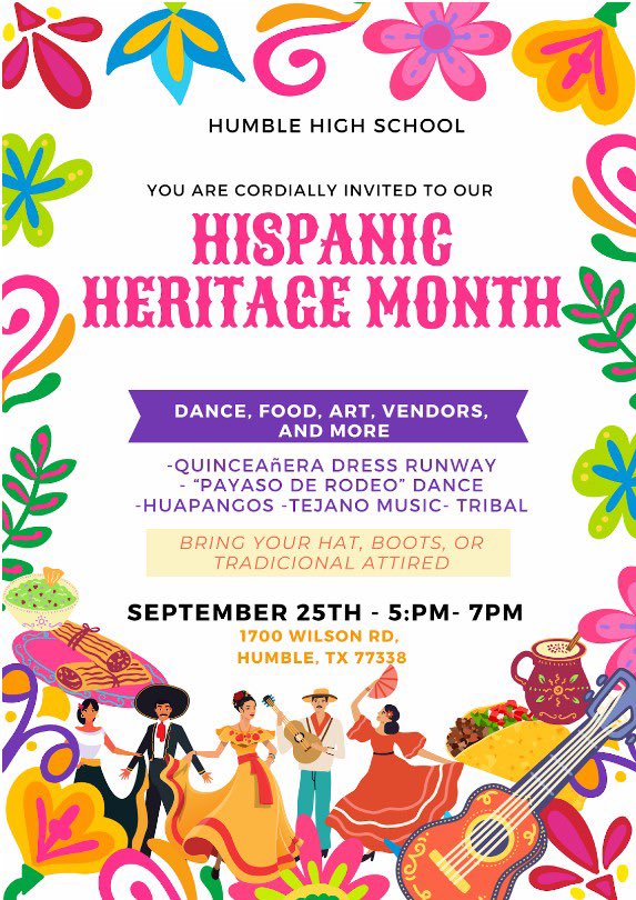We want to see you Wednesday night as <a href="/HumbleISD_HHS/">Humble High School</a> celebrates Hispanic Heritage Month. Come out for food trucks, music, and dance!