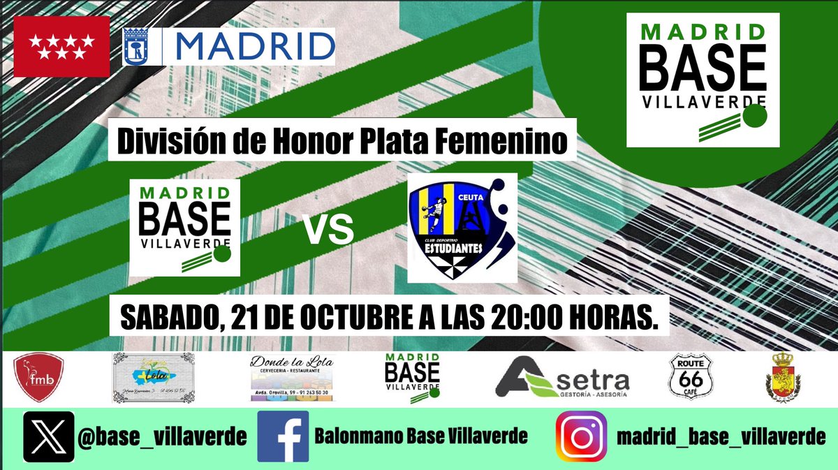 Y el Division de Honor Plata femenino del Madrid Balonmano <a href="/base_villaverde/">Madrid Base Villaverde</a> inicia su camino a las 20:00 horas en el CDM. Plata y Castañar, frente Estudiantes de Ceuta.
Y sino puedes venir puedes venir síguelo por Streaming en el siguiente enlace:

youtube.com/live/19SyAxxuU…