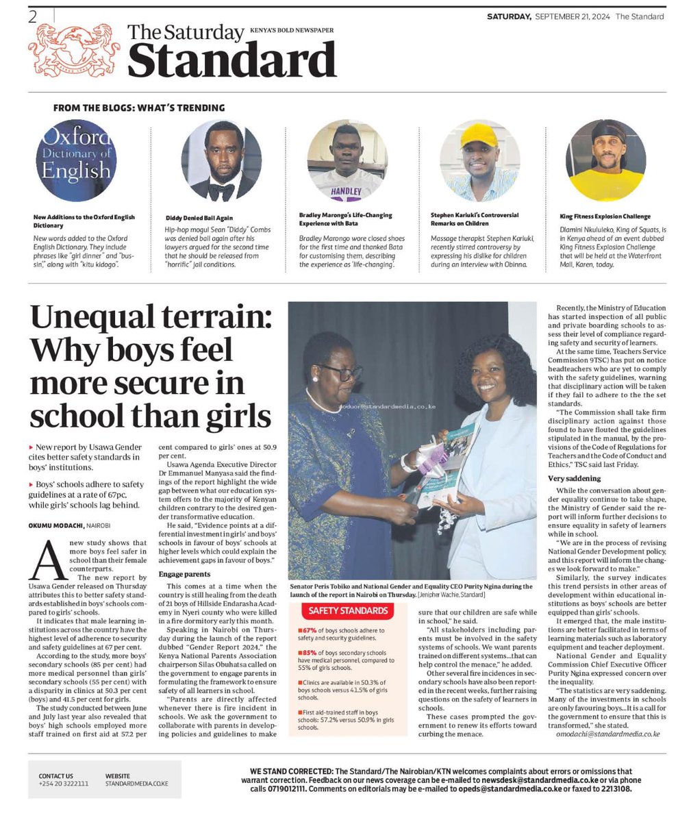Our gender report making headlines <a href="/usawaagenda/">@UsawaAgenda</a> <a href="/ImaginableFut/">Imaginable Futures</a> <a href="/EchidnaGiving/">Echidna Giving</a> <a href="/ReliAfrica/">RELI Africa</a> <a href="/SDGsKenyaForum/">Coalition for Sustainable Development</a> <a href="/ElimuYetuC/">Elimu Yetu Coalition</a> <a href="/NGECKenya/">The National Gender and Equality Commission (NGEC)</a> <a href="/StandardKenya/">The Standard Digital</a>