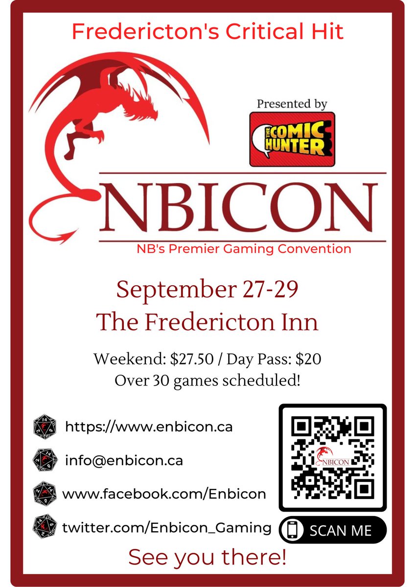 Enbicon_Gaming's tweet photo. Have you seen one of these around #Fredericton?
Let us know where you've spotted one of our #Enbicon2024 posters!

#NewBrunswick #TTRPGs https://t.co/KLO5t3KV9R