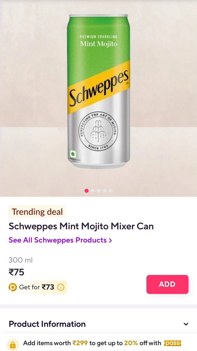 my_float's tweet photo. Schweppes Mint Mojito having MRP 60/- is being sold for Rs 75/- on Zepto. Extremely disappointing and unethical #unfairpricing @zeptocares @ZeptoNow @aadit_palicha @v0hra https://t.co/efTRhEP1Ta