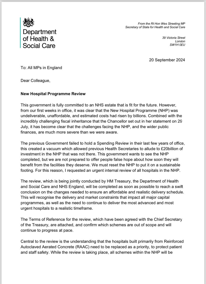 SamCoatesSky's tweet photo. Letter from Wes Streeting to MPs about which hospital building programmes are and aren’t in danger of being axed 

(List also on https://t.co/vP9WJRoaC4) https://t.co/xrxJgHvh0S