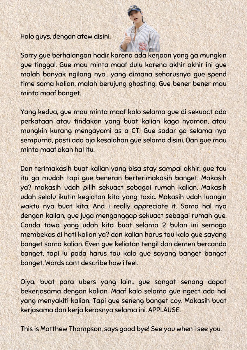 <a href="/WOOSZIK/">ⓘ 다재다능한 배우</a> <a href="/MMARKPPAKIN/">𝓜ark</a> <a href="/SEKUACT/">SEKUACT</a> @UBERRWAN <a href="/UBERIMIN/">Your Übers, IMIN</a> <a href="/UBERATEW/">Your Übers, Atew.</a> Kolek memberikan jeda menunggu reaksi Fighters, kemudian ia melanjutkan sambil tersenyum.

"Sebelum saya menyampaikan speech, saya ingin menyampaikan pesan dari Atew yang saat ini sedang berhalangan hadir karna sedang mencari emas demi kelanjutan hidup. Mohon disimak yah!"