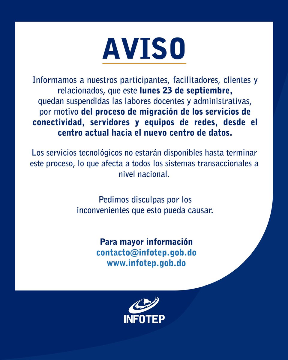 InfotepRD's tweet image. AVISO 🔊

#INFOTEP
#CapacitarEsProgresar
#INFOTEPTransformaVidas
#INFOTEPteImpulsa
#INFOTEPesInnovación 
#INFOTEPCreaOportunidades