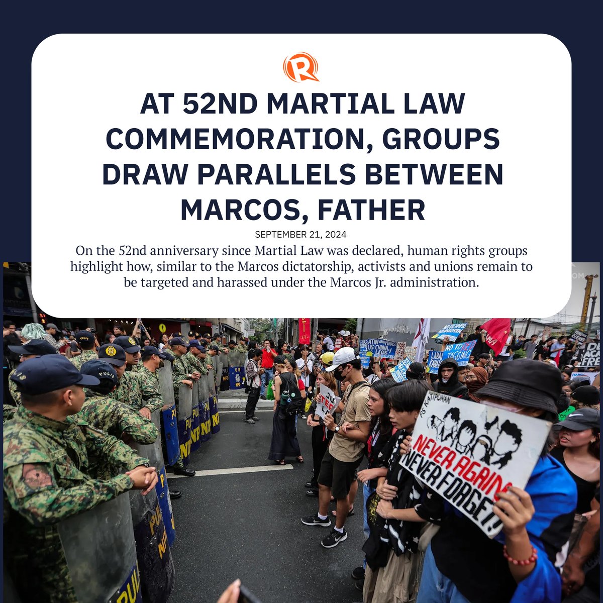 rapplerdotcom's tweet photo. Saturday, September 21, 2024 marked 52 years since the elder Marcos signed Proclamation No. 1081. It was a dark chapter in Philippine history, rife with human rights abuses and a crackdown on free speech. #ML52 https://t.co/KNK4mb6sD1 https://t.co/AmHvfkEc4c
