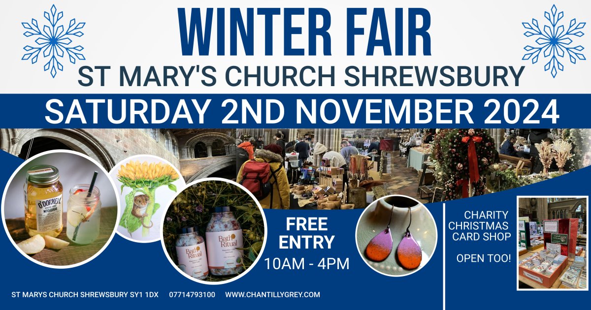 Calling all Stall Holders! Join us at St Mary’s Church, Shrewsbury for our magical Winter Fair on November 2nd, 2024! ❄️🛍️ Showcase your unique handcrafted treasures and festive delights! 🎁❤️ (No hot food trucks, please 🚫🍴👉 Secure your pitch at CHANTILLYGREY.COM