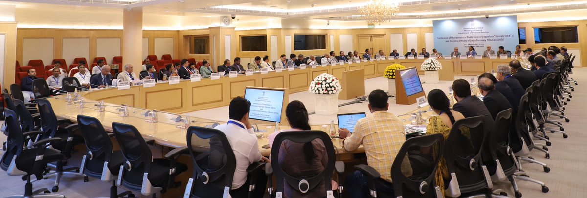 FinMinIndia's tweet photo. 👉 Secretary @DFS_India Shri M. Nagaraju chairs Conference of Chairpersons of Debt Recovery Appellate Tribunals #DRATs and Presiding Officers of Debt Recovery of Tribunals #DRTs at New Delhi today
👉 Issues related to #DRTs, including reducing pendency, adoption of best practices, optimising recovery, formulation of settlement policy, and adoption of new DRT Regulations 2024 were discussed during the conference
Read more ➡️ https://t.co/aroommIVho