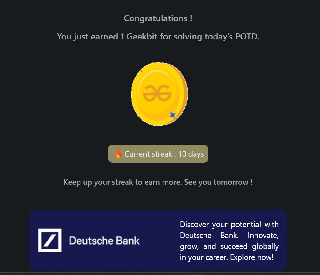 Pprratikk's tweet image. Day 10 of 21 day coding challenge
@geeksforgeeks
@DeutscheBank
#21DaysOfCoding #CodingChallenge #LearnToCode #GeekForGeeks #ING #DeutscheBank #geekstreak2024