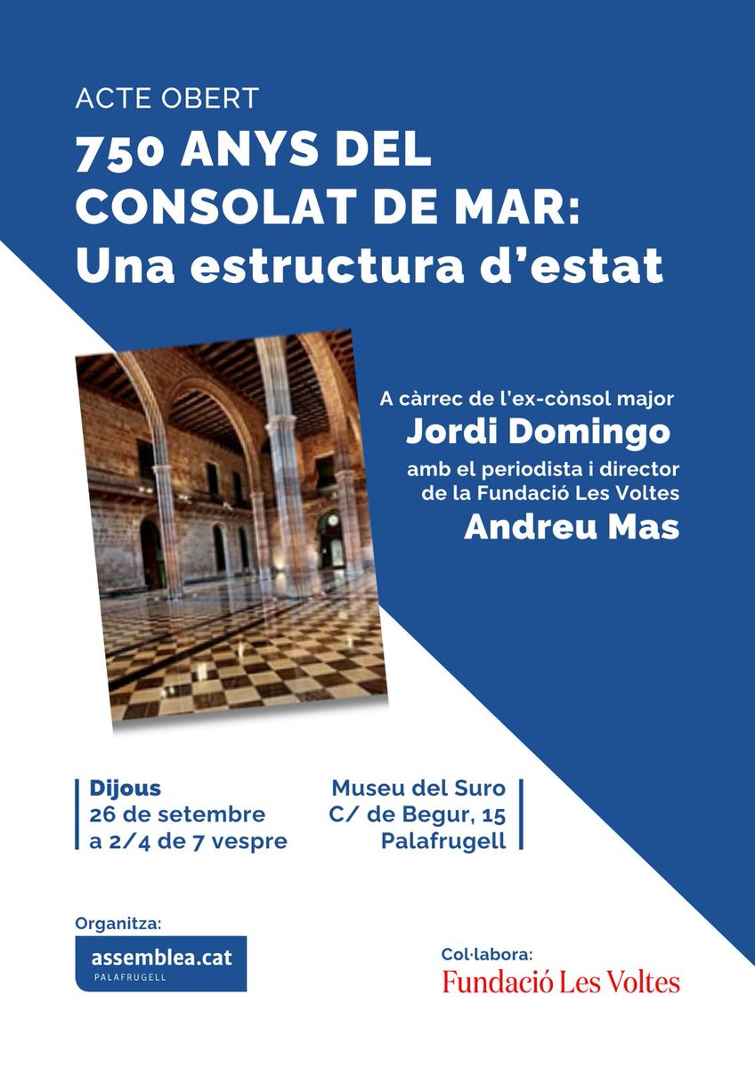 Amics i amigues! El proper dijous, 26 de setembre, ens veiem al Museu del Suro de Palafrugell per parlar del passat, present i futur del Consolat de Mar amb l'ex cònsol major <a href="/JordiDomingoGM/">Jordi Domingo</a>! Us hi esperem!