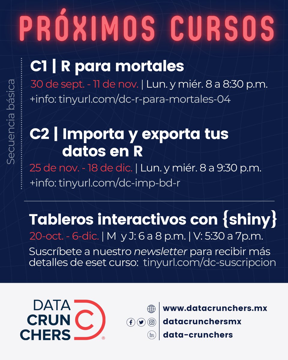 DataCrunchersMx's tweet photo. ¡Saquen el calendario 🗓️, colegas! 

Estos son los últimos 3⃣ cursos que ofreceremos en 2024 🔥.

Échenle un ojo a la página de cada uno para conocer los detalles, incluyendo la posibilidad de inscribirse con descuento 🤑 y pagar a MSI.

https://t.co/hM5zAbkAaZ

#rstats https://t.co/JDVRl4kjAA