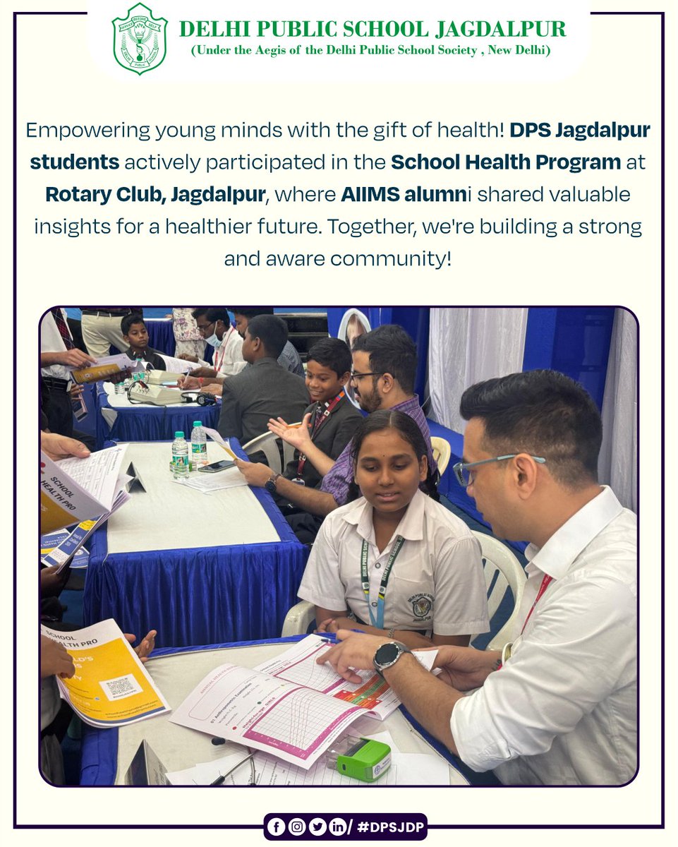 DpsJdp's tweet photo. Empowering young minds with the gift of health! DPS Jagdalpur students actively participated in the School Health Program at Rotary Club, Jagdalpur, where AIIMS alumni shared valuable insights for a healthier future. Together, we're building a strong and aware community! https://t.co/7OPIhYQp28