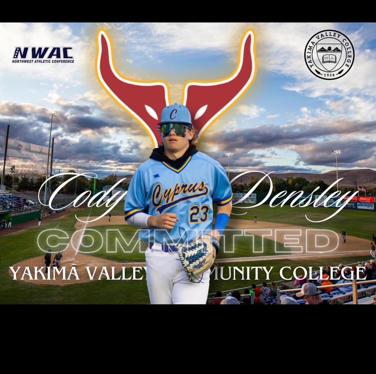 cody_densley23's tweet photo. I am excited to announce my commitment to Yakima Valley Community College. I want to thank my family, friends, @CAAConeD, and all of my coaches for helping me get to this point in my baseball career. #rollyaks 🌴🐂 @CoachKrueg @BaseballCyprus @RABAcademy @CoachBerg801 @GullsClub https://t.co/wKgJa2A4pU