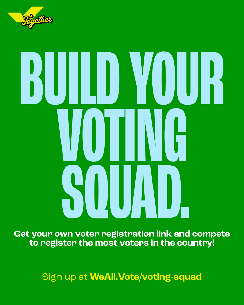 WhenWeAllVote's tweet photo. Friends don’t let friends sit out on elections. 🙅🏽🪑🗳️

That’s why we make it easy to build your #VotingSquad and help everyone in your life get registered and ready to vote!

Get started now at https://t.co/wN2v04HTc1. https://t.co/HC99CtOegx