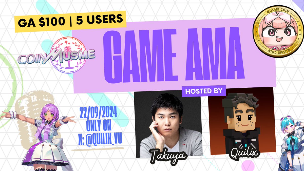 Giveaway AMA CoinMusme &amp; Quilix 🔥
5 bạn nhận nóng $20 từ chương trình 🎙️

Gặp gỡ CEO <a href="/coinmusme/">CoinMusme</a>, Takuya Tsuji để thảo luận về Coinmuse, dự án game Nhật Bản collab cùng The Beacon, Gas Hero, Marblex,...

📒 Note: Đây là buổi AMA Tiếng Việt.
⌛️ Thời gian: 20h -
