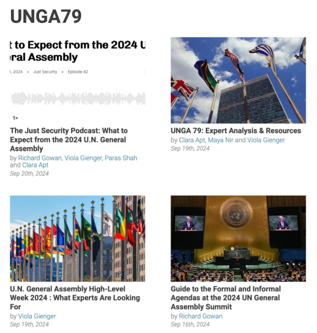 [1/4] Monday marks the beginning of #UNGA79 and the #SummitofTheFuture. Get prepped for high-level week with some #MustReads from Just Security 🧵 

justsecurity.org/tag/unga79/