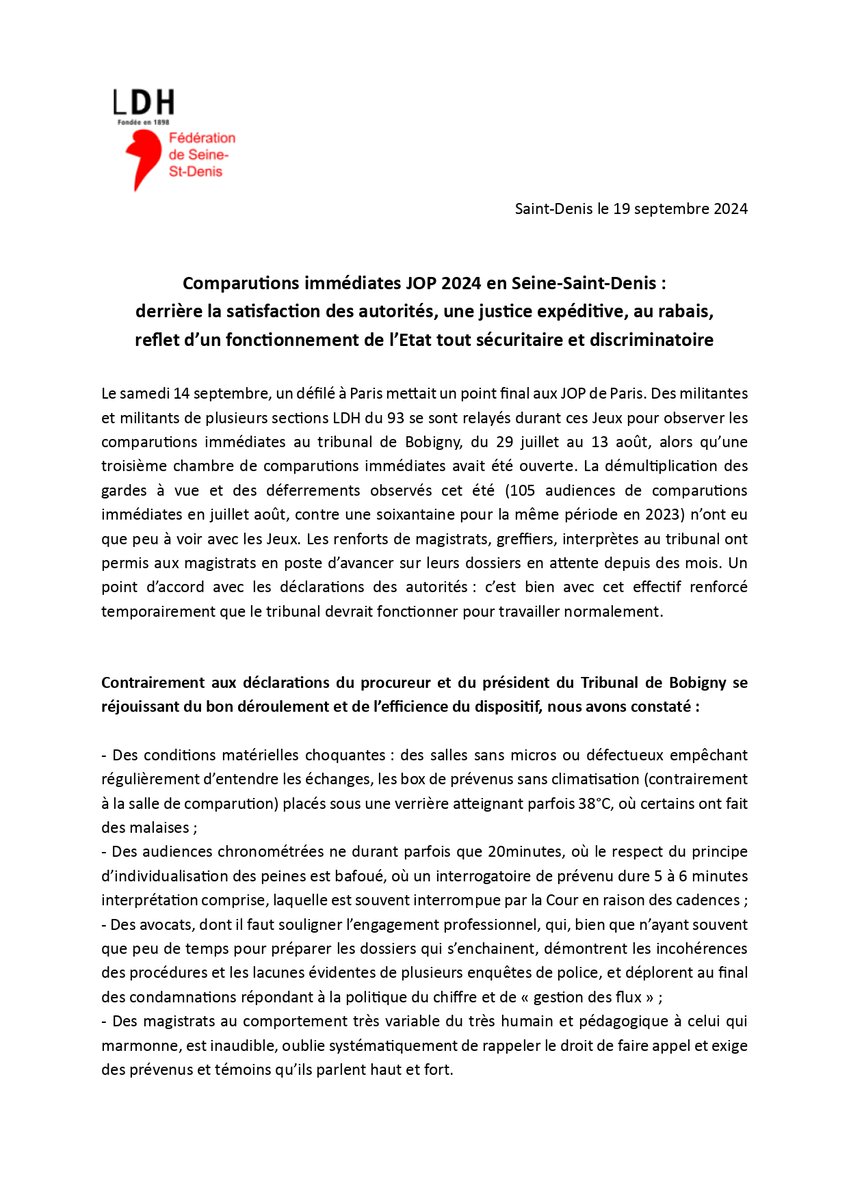 Observatoire93's tweet photo. Comparutions immédiates JOP 2024 au TJ de Bobigny : derrière la satisfaction des autorités, une justice expéditive, au rabais, reflet d'un fonctionnement de l'Etat tout sécuritaire et discriminatoire. A lire, le communiqué de la Fédération LDH 93 https://t.co/TCxBQVlGNm