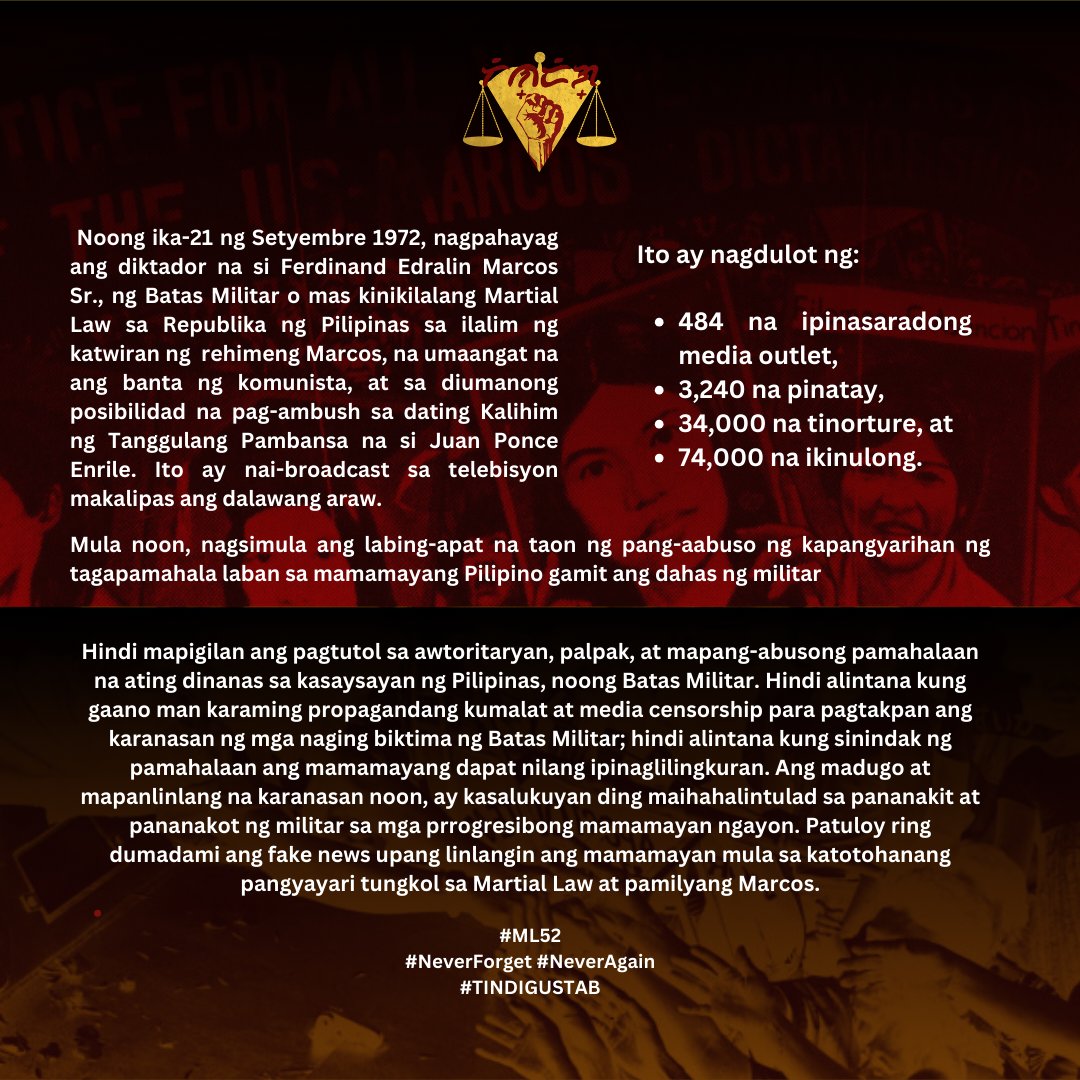 Tindig_USTAB's tweet photo. NEVER FORGET, NEVER AGAIN TO MARTIAL LAW! 

Ginugunita ng TINDIG UST-AB ang ika-52 na anibersaryo ng Martial Law, upang alalahanin ang madilim at madugong trahedya sa ilalim ng rehimen ng mga Marcos sa gitna ng disimpormasyon.

#ML52
#NeverForget #NeverAgain
#TINDIGUSTAB https://t.co/MHD0ShPDwo