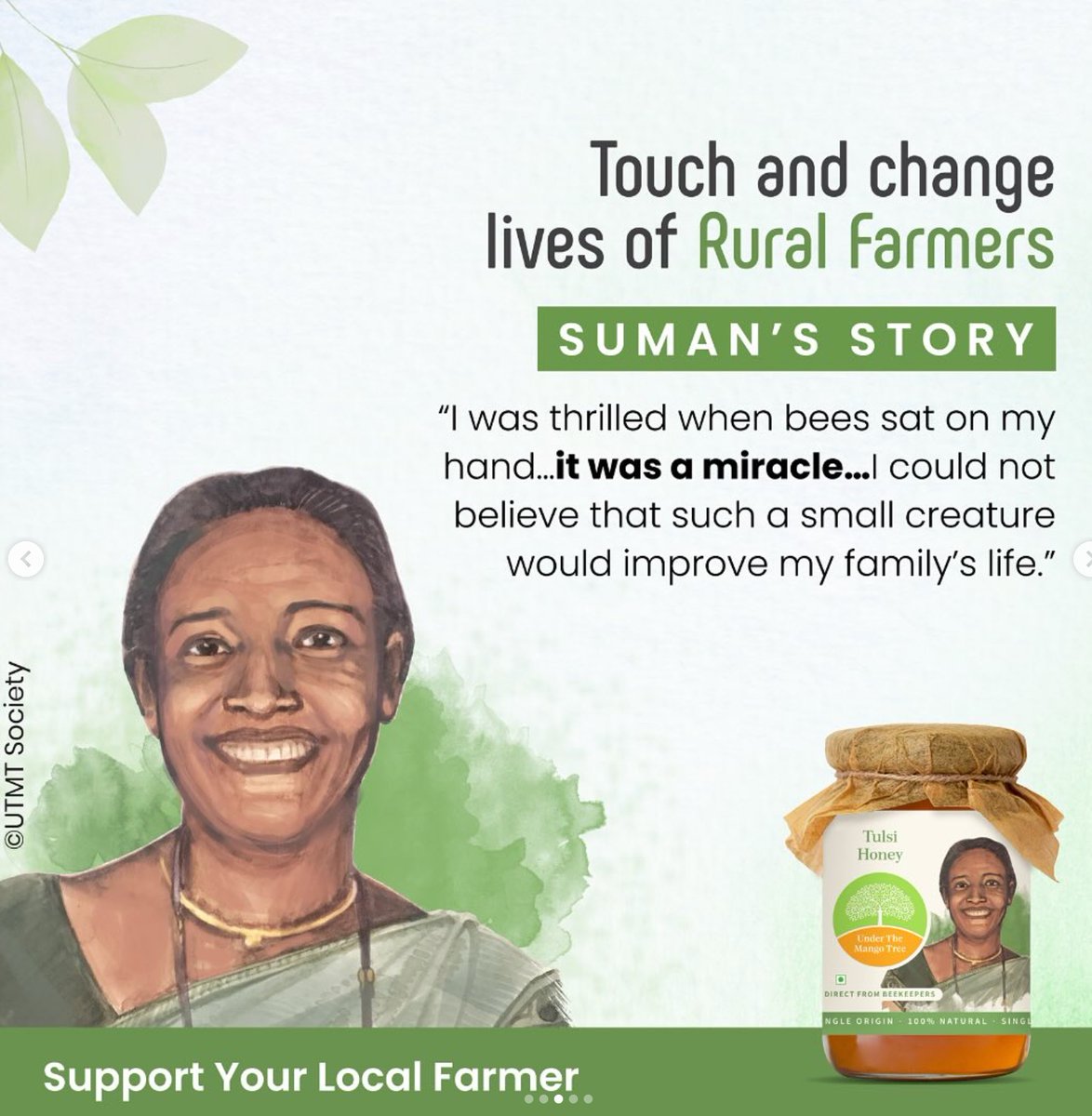 UTMT's tweet photo. Over the last decade, Under The Mango Tree has guaranteed market access to farmers like Sureshbhai, Suman, Kalpana, and Madhubhai, for the honey collected by them. This has boosted their farming incomes, offered economic stability and provided a new sense of purpose. https://t.co/VkvPhqcoOR