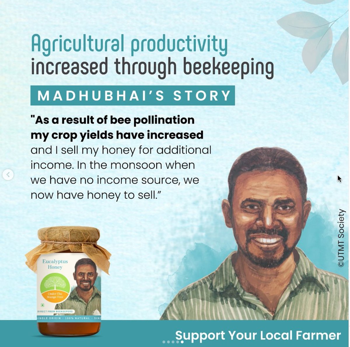 UTMT's tweet photo. Over the last decade, Under The Mango Tree has guaranteed market access to farmers like Sureshbhai, Suman, Kalpana, and Madhubhai, for the honey collected by them. This has boosted their farming incomes, offered economic stability and provided a new sense of purpose. https://t.co/VkvPhqcoOR