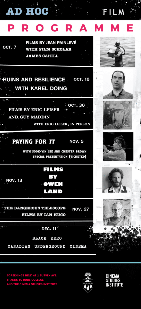 expcinema's tweet photo. Ad Hoc Fall Series 2024. Films by Karel Doing, Eric Leiser, Owen Land, Ian Hugo, Soon-Yin Lee, Jean Painlevé, Guy Maddin. October 7th - December 11th - Innis College, Toronto https://t.co/4kg6BvJgz5 https://t.co/Dak9SSwTLh
