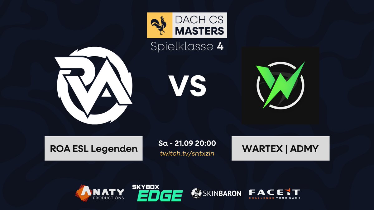 [#WARTEXDACHCS]

Today we continue with our community team ADMY. We hope that they will break the ice tonight. So that the team can gain a foothold in the current season.

🆚 <a href="/ROA_Esports/">ROA eSports e.V.</a> ESL Legenden
🗺️ BO3
⏰ 20:00
📹 twitch.tv/sntxzin
🎙️ <a href="/sntxzin/">sntx</a>