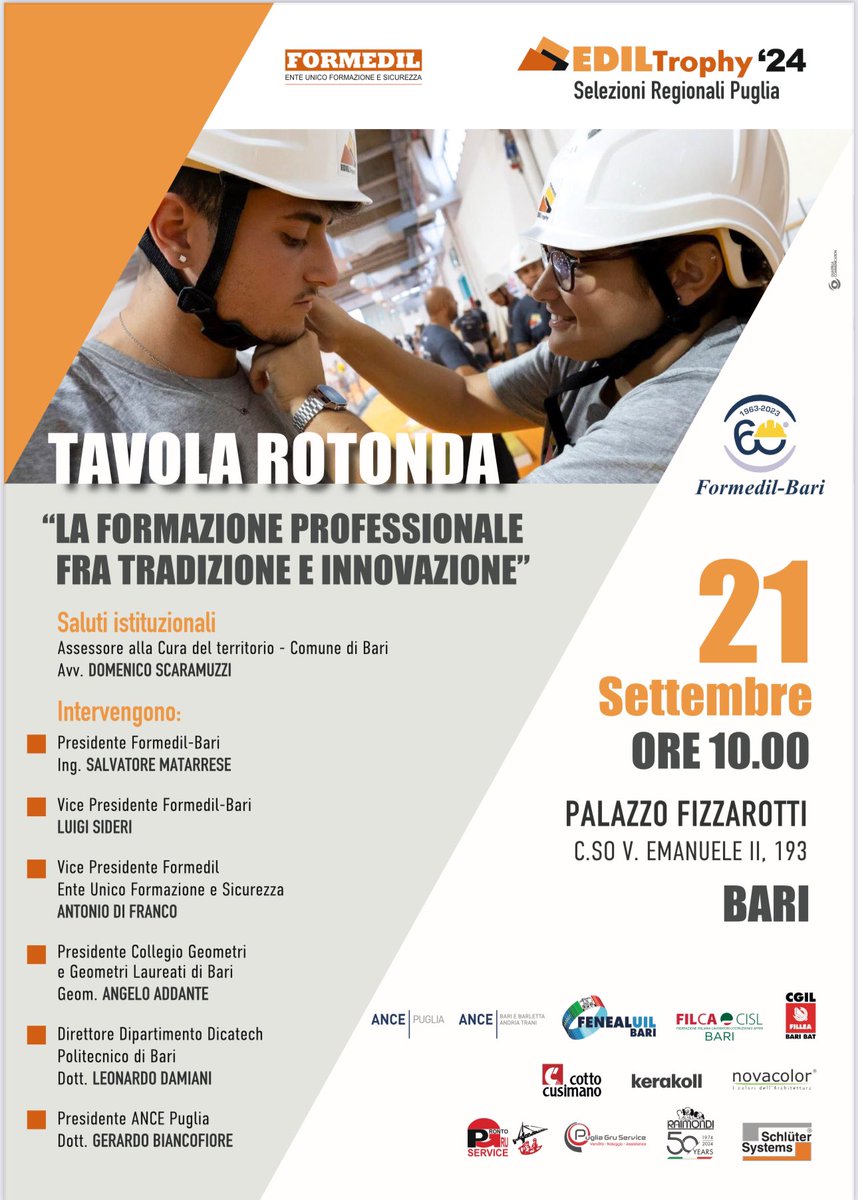 filcabari's tweet photo. #Bari Luigi Sideri S.G. Filca Bari e Vice Presidente #Formedil Bari interviene alla tavola rotonda “La formazione professionale fra tradizione e innovazione” in occasione della Gara Regionale di arte Muraria in occasione #ediltrophy24 organizzata dal Formedil Bari https://t.co/QwAWc7LPx9