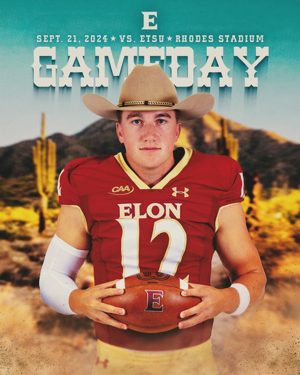 ElonFootball's tweet photo. GET 🆙! It's 𝐆𝐀𝐌𝐄𝐃𝐀𝐘

The theme is western! Get #RowdyinRhodes in all your western gear!

🆚 | ETSU
📍 | Elon, NC
🏟️ | Rhodes Stadium
⌚️ | 6 PM
💻 | @FloFootball  
📊 | https://t.co/af4pclOXU5
🔊 | https://t.co/e2qaGk6Y5x (Varsity Network App)

#AED https://t.co/7SIsVce3Z8