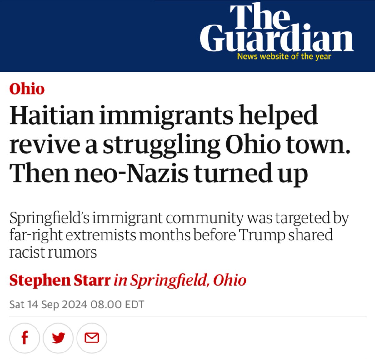 LarryTenney's tweet image. It's not the hardworking Haitians that are causing problems in Springfield, OH

It's the neo-Nazis who've converged on the town &amp;amp; spread hate

But you won't hear #TrumpVance #BernieMorneo @JonHusted @DaveYostOH or other neo-Nazi sympathizers taking about that 
1/7