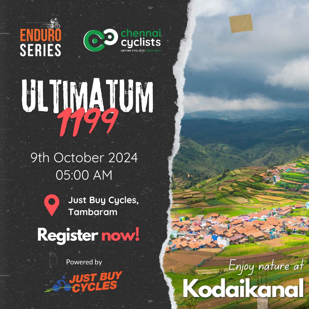 chennaicyclists's tweet photo. Chennai Cyclists
Presents

ENDURO SERIES – ULTIMATUM 1199kms Ride

The Biggest MAIDEN event of the Chennai Cyclists Ultra Enduro Series is the Ultimatum 1199kms. It's the perfect blend of challenges for the riders to conquer their Title ULTRA ENDURO

Date – 9th October, Wed https://t.co/o2lASg1TlV