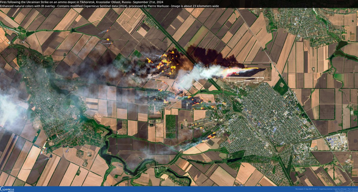 Pierre_Markuse's tweet image. 🟠 Fires following the Ukrainian🇺🇦 Strike on an ammo depot in #Tikhoretsk, Krasnodar Oblast, #Russia🇷🇺 - September 21st #Copernicus🇪🇺 #Sentinel-2🛰️ Full-size ▶️ flic.kr/p/2qhKVc6 + flic.kr/p/2qhLWfP #OSINT #Tikhoretsky #OpenData