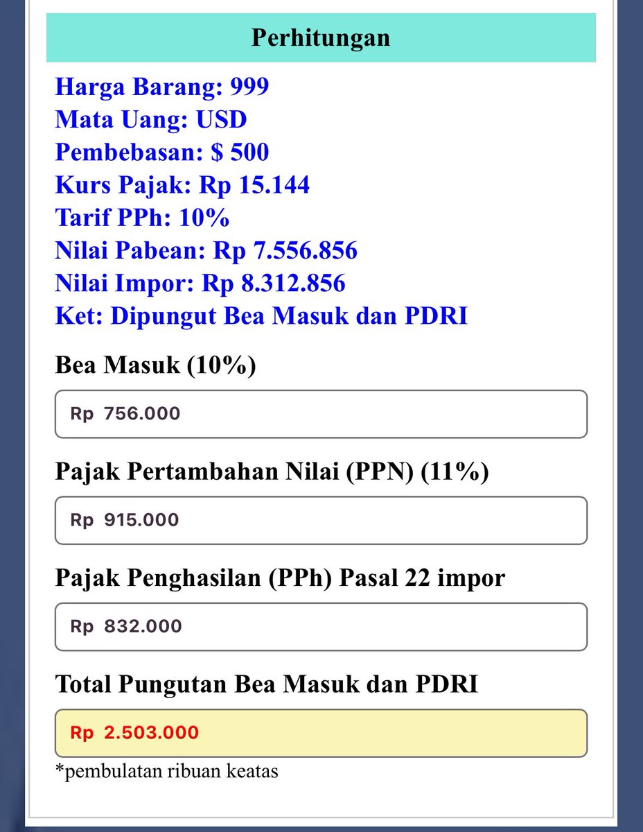 Buat yg tanya hitungan registerasi IMEI. 
Bisa pakai estimasi dari kalkulator IMEI ini.

customspedia.com/kalkulator-ime…

Kolom kurs pajak pakai aja kurs dari hasil Spotlight di iOS, misal 1 usd = 15.144 Rupiah. Lalu harga iPhone misalnya $999.

Ketemu deh angkanya sesuai gambar