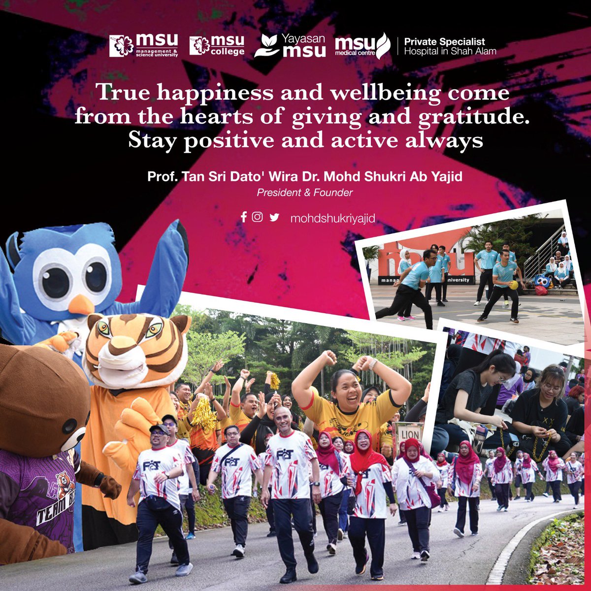 MohdShukriYajid's tweet photo. Good health and mindful well-being go hand in hand with having an optimistic view on life in general. I'm excited to join our #MSUrians in #MSUfamilyday2024 and #MSUsuca2024 soon! Maintain your positive attitude and spirit of competition! @MSUcollege @MSUmalaysia https://t.co/9w5ezjN9wI