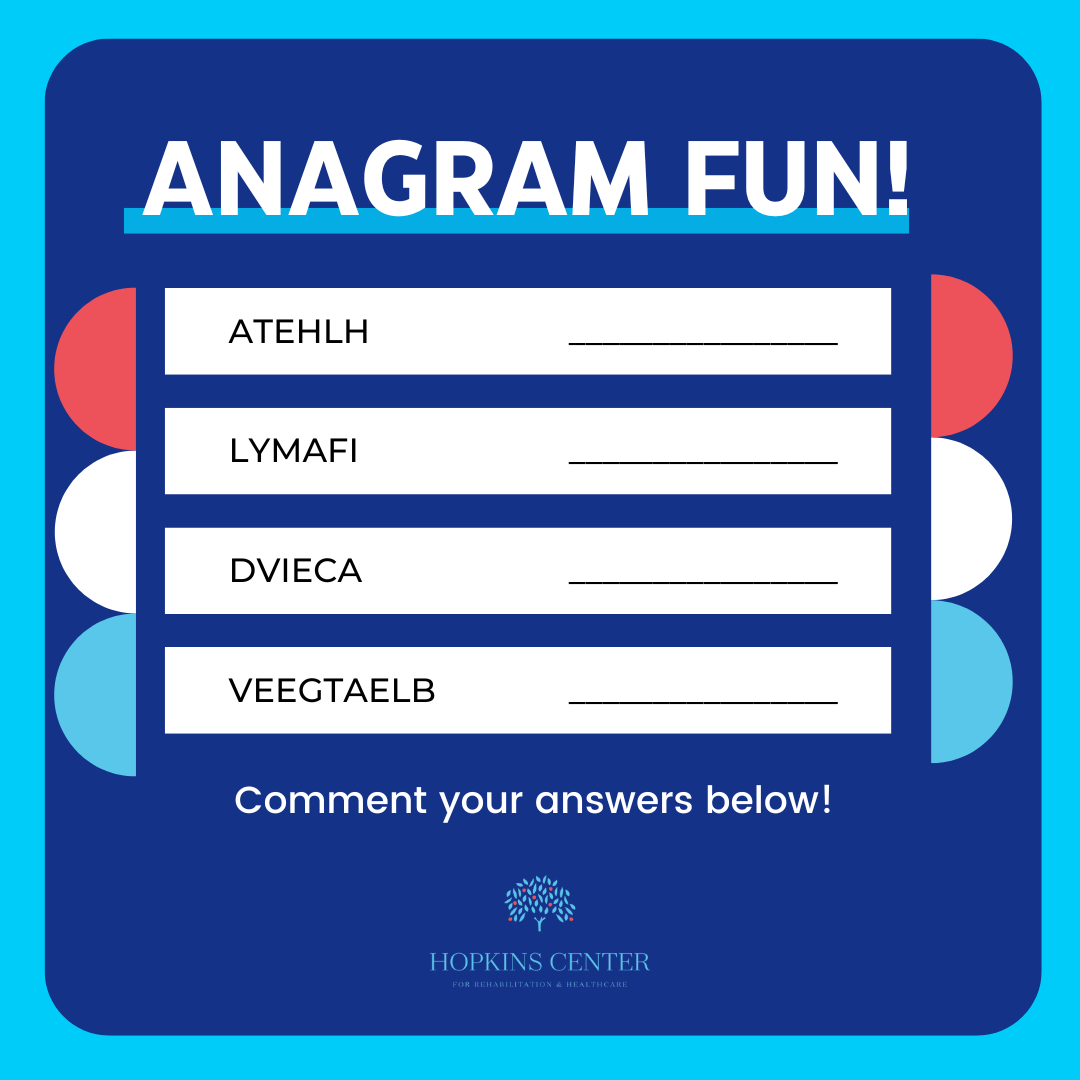 hopkinsctrrehab's tweet image. It’s time for some brain-boosting fun! Unscramble these words related to health and wellness. Can you solve them all?👇🧠🔠✨

Drop your answers in the comments! Let&apos;s keep our brains active and sharp!

#AnagramFun #SeniorPuzzles #MemoryTest #BrainTeasers #HealthyMinds