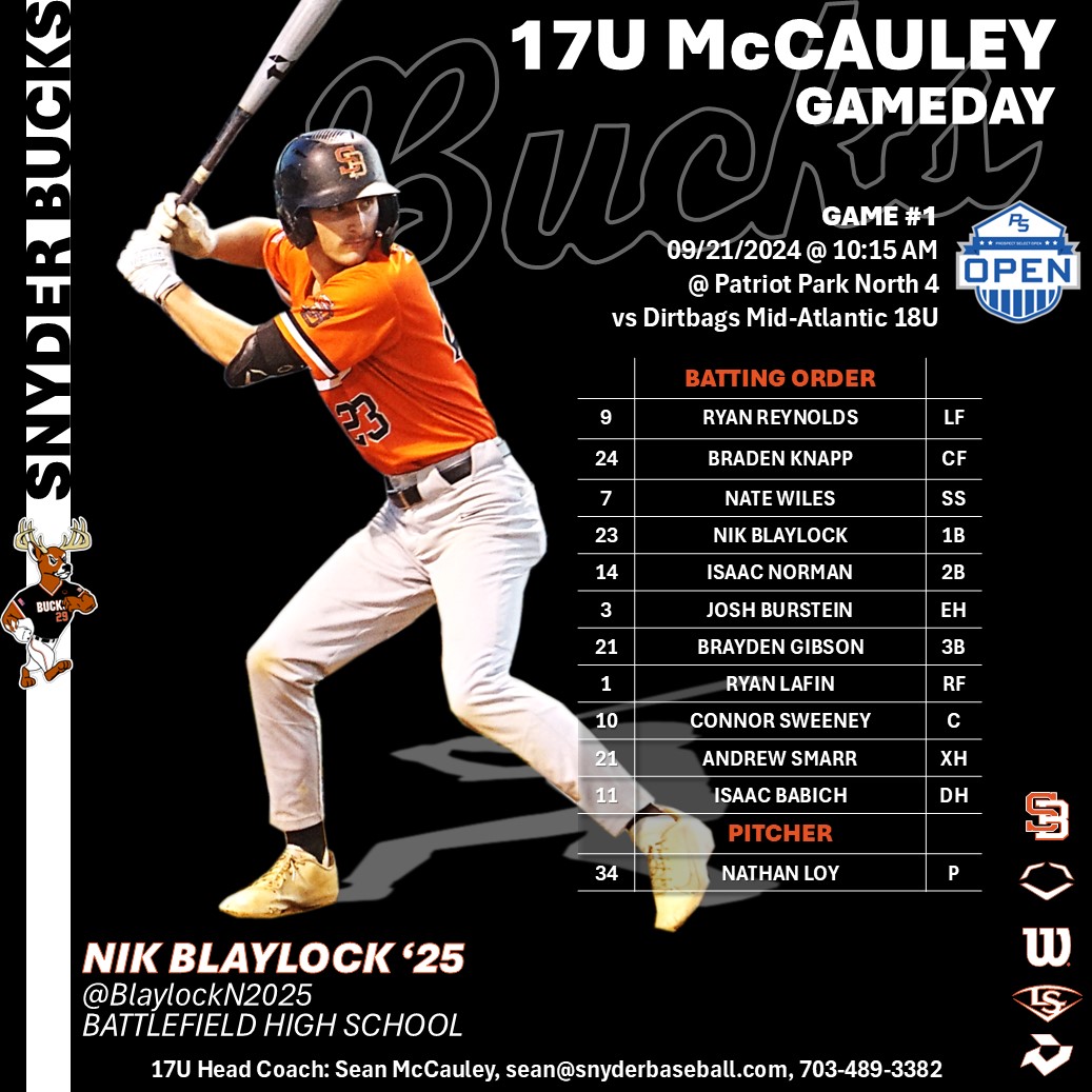 SNYDER BUCKS 17U McCAULEY LINEUP.
Check out our lineup for Game #1 today at the <a href="/PSBaseballinc/">Prospect Select</a> DMV Fall Open. '25 Nathan Loy <a href="/Nathandloy34/">Nathan Loy</a> gets the pearl to start the game. Game 1 gets underway at 10:15AM at Patriot Park North.
Good Luck BUCKS!!!
<a href="/sean_mac89/">Sean McCauley</a> 
🦌⚾️🦌