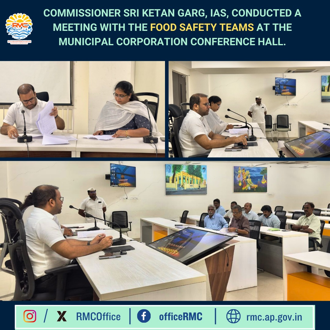 RMCoffice's tweet image. రాజమహేంద్రవరం నగరపాలక సంస్థ కమిషనర్ శ్రీ కేతన్ గార్గ్, ఐఏఎస్ గారు ఆహార భద్రతా బృందాలతో నగరపాలక సంస్థ సమావేశ మందిరం లో  సమావేశం నిర్వహించారు. ఈ సందర్భంగా ఆయన ఆహారపు నాణ్యత, పరిశుభ్రత, మరియు భద్రతపై కఠిన తనిఖీలు
#foodquality #foodinspection #rmc #hotel #restaurantes