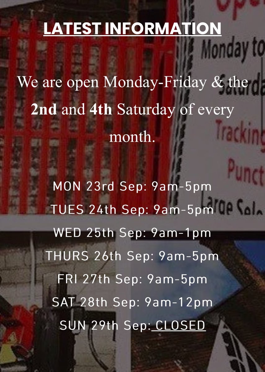 Next weeks opening hours…

🏝️ Please note we will be closed on Friday 4th October for annual leave and will reopen on Monday 21st as normal! 

If you’re in need of tyres then get in touch!