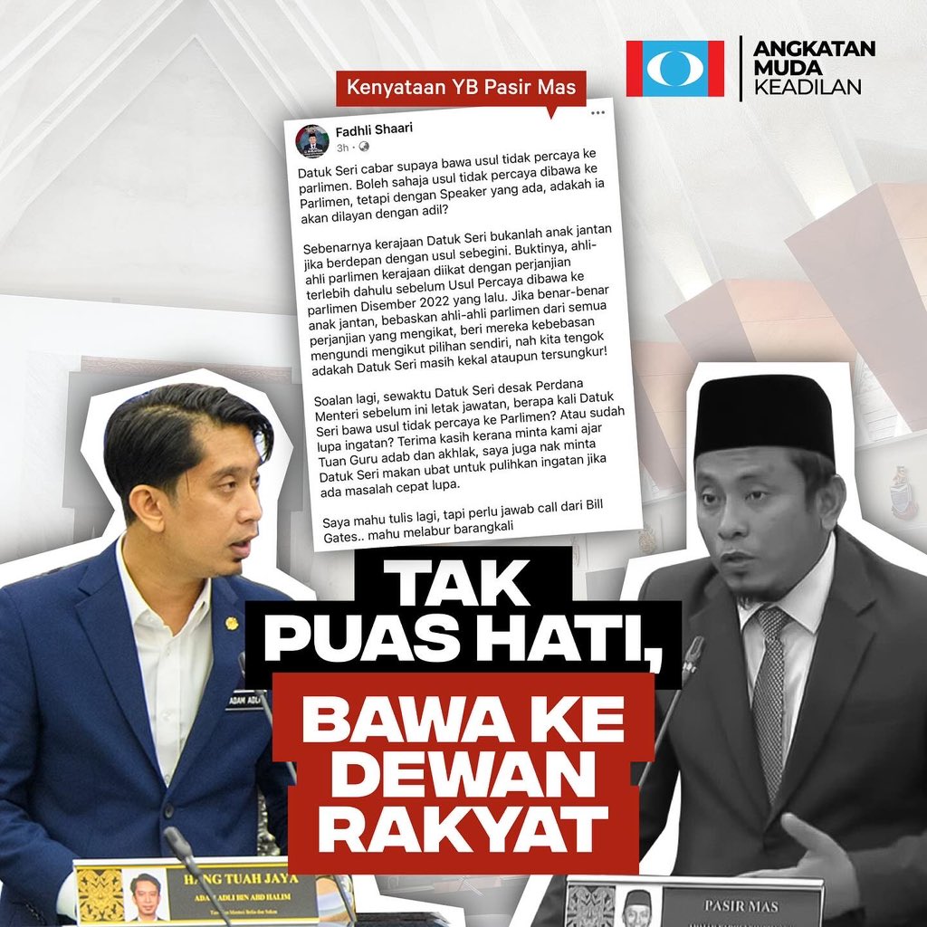 AdamAdli's tweet image. Tidak Puas Hati, Bawa ke Dewan Rakyat

Baru semalam Perdana Menteri Dato’ Seri Anwar Ibrahim (PMX) dalam ucapan beliau menempelak sikap berlebihan sesetengah pemimpin pembangkang dalam berpolitik; termasuk mimpi-mimpi untuk kembali ‘tebuk atap’. 

Kurang beberapa jam kemudian…