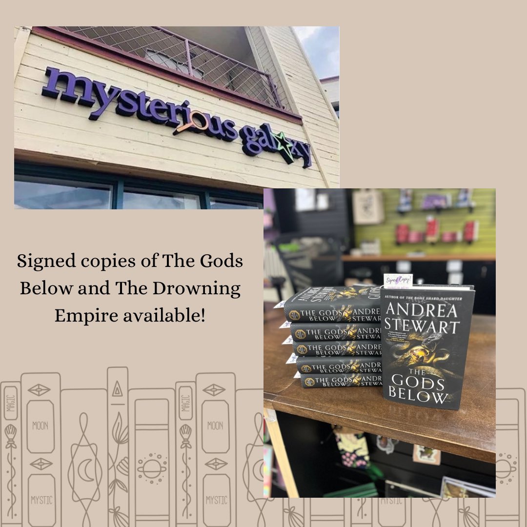 Andrea Stewart *THE GODS BELOW out now!* (@andreagstewart) on Twitter photo Last trip! Signed copies of The Gods Below and The Drowning Empire available at <a href="/MystGalaxyBooks/">Mysterious Galaxy</a> . Thanks to <a href="/ClayHarmonII/">Clay Harmon</a> for being an awesome conversation partner. Signed copies of his Flames of Mira (weird world, cool critters, a bit of body horror) are also here! Last trip! Signed copies of The Gods Below and The Drowning Empire available at <a href="/MystGalaxyBooks/">Mysterious Galaxy</a> . Thanks to <a href="/ClayHarmonII/">Clay Harmon</a> for being an awesome conversation partner. Signed copies of his Flames of Mira (weird world, cool critters, a bit of body horror) are also here!