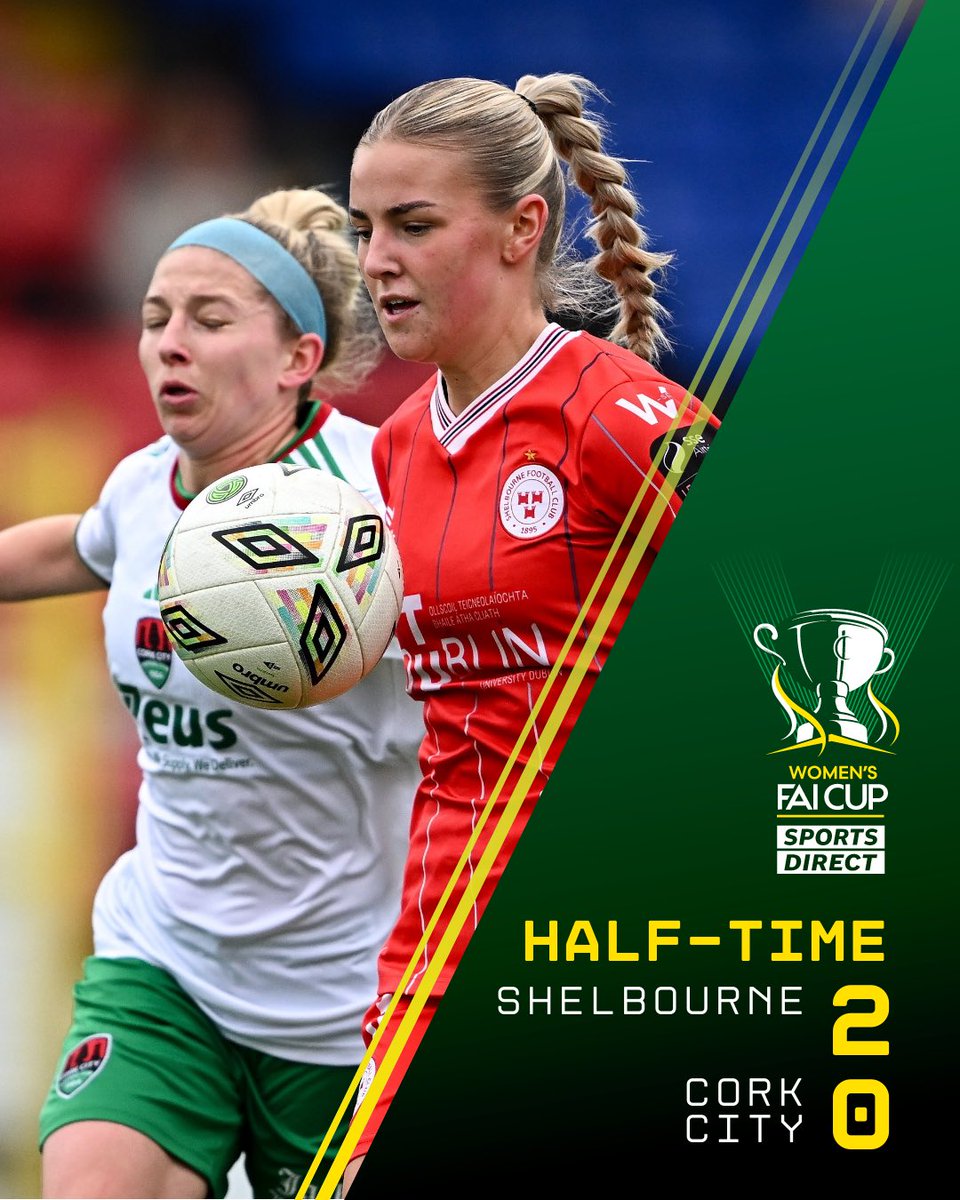 FAIreland's tweet photo. HT | Kate Mooney and Noelle Murray have @shelsfc ahead in the Sports Direct Women’s FAI Cup Semi-Final!
A regroup needed for @CorkCityFCWomen in the second half 👊
#FAICup | #SHECOR https://t.co/Zh6LkdKBMM