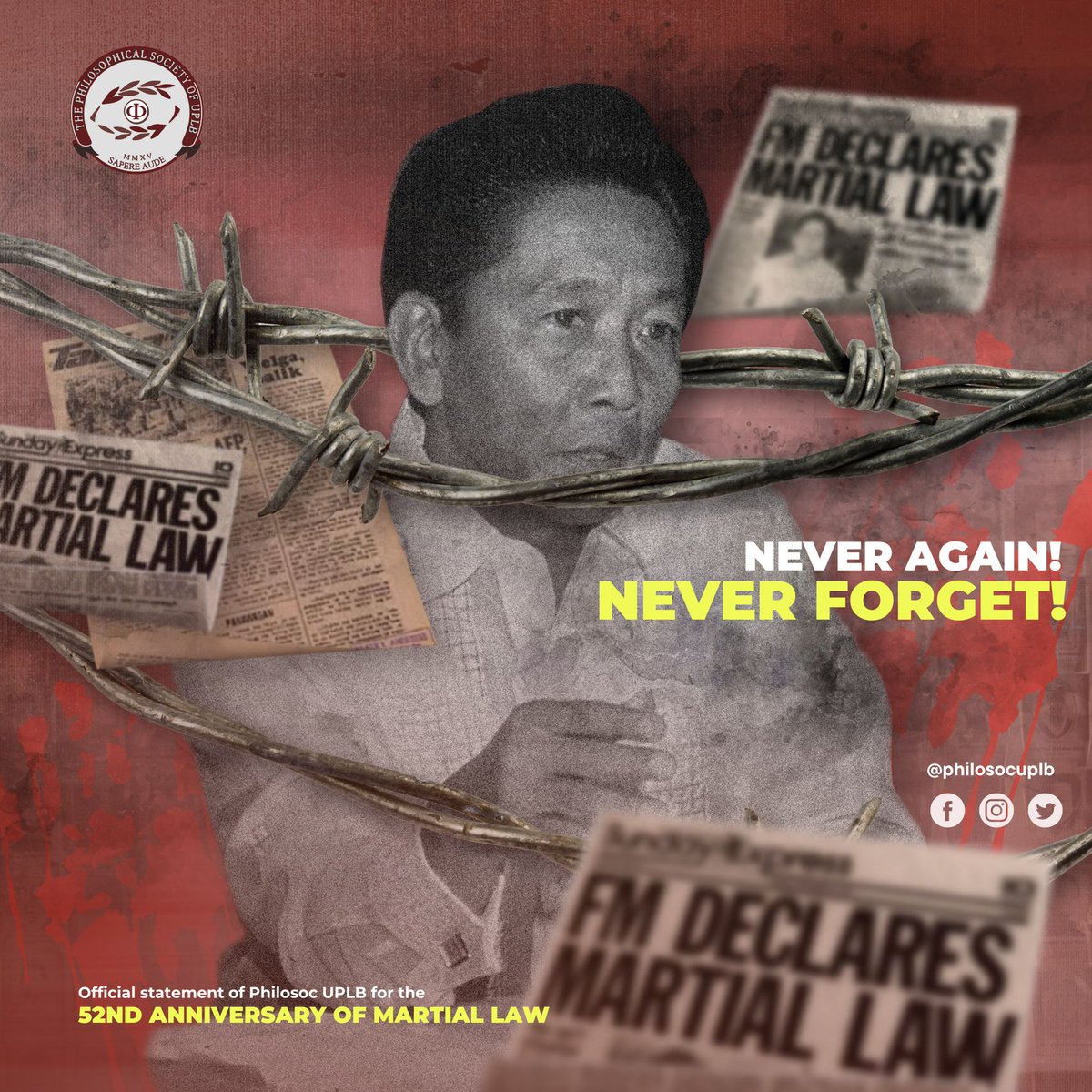 PhilosocUPLB's tweet photo. [OFFICIAL STATEMENT OF PHILOSOC UPLB FOR THE 52ND ANNIVERSARY OF MARTIAL LAW]

#NeverAgain
#NeverForget https://t.co/6ch0r4NaBd