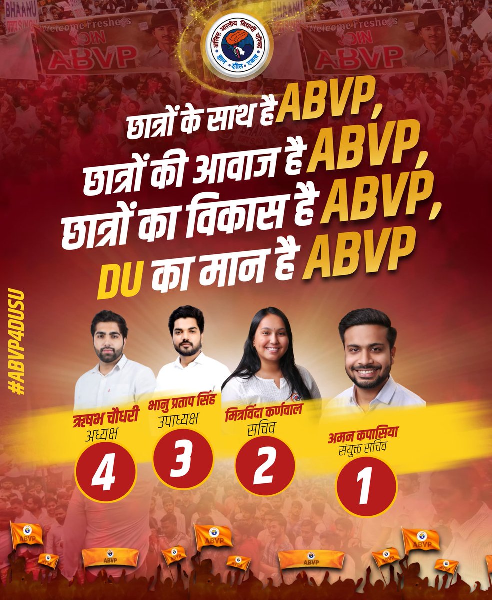 ABVPDelhi's tweet photo. छात्रों के साथ है ABVP, 
छात्रों की आवाज़ है ABVP, 
छात्रों का विकास है ABVP, 
DU का मान है ABVP

आइए, हमारे उम्मीदवारों को समर्थन दीजिए और छात्र हितों के लिए ABVP को मजबूत बनाइए।

#ABVP4DUSU 

ऋषभ चौधरी (अध्यक्ष - 4),  
भानु प्रताप सिंह (उपाध्यक्ष - 3),  
मित्रविंदा कर्णवाल (सचिव - 2),  
अमन कपासिया (संयुक्त सचिव - 1)

#DUSupportsABVP