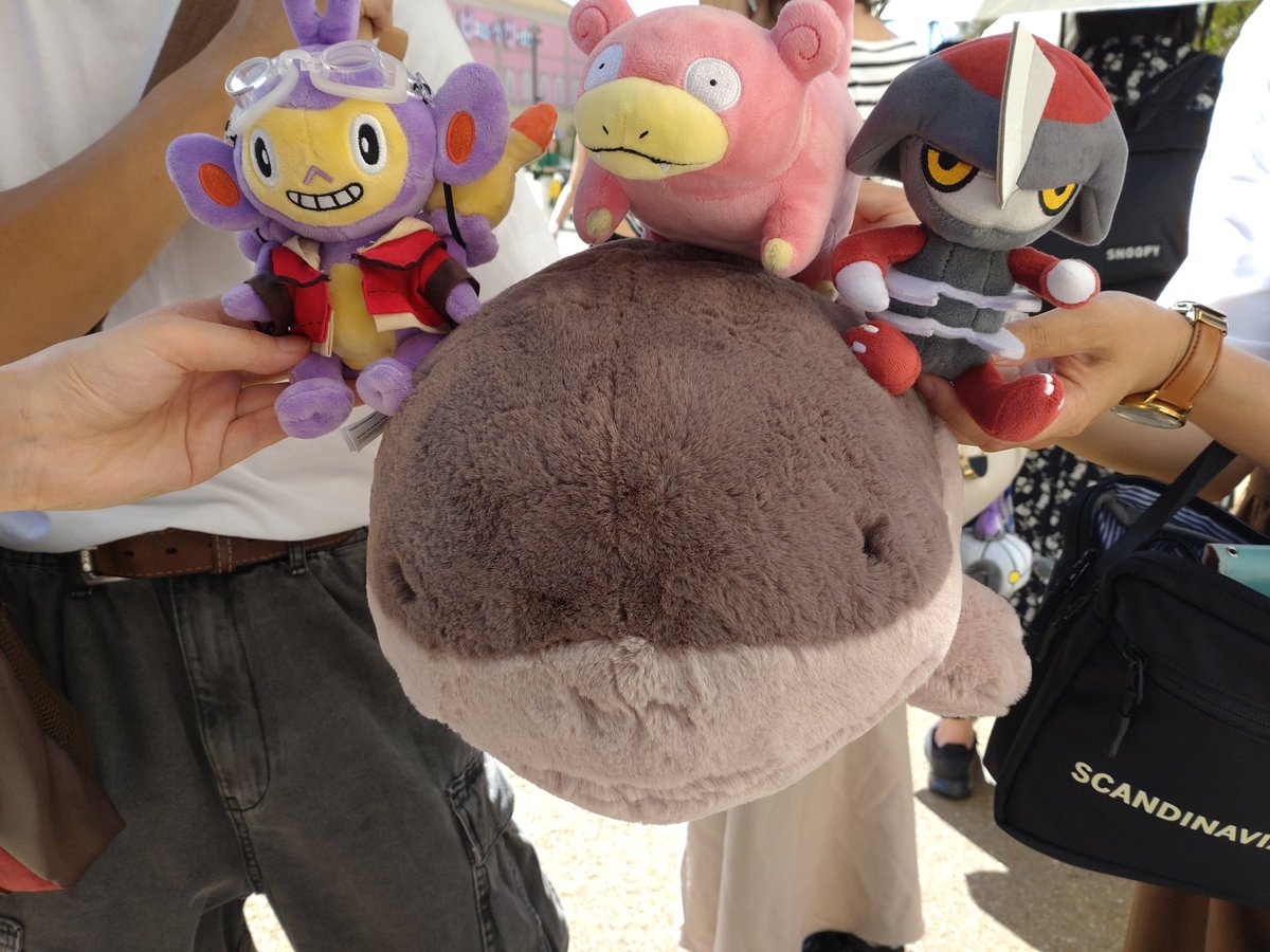 志摩スペイン村で列に並んでいるとき、後ろのお二人と意気投合して写真を撮っていただきました！
(コマタナくんは私、ドオーくんは私の友人の子)

エテボースさんやヤドンさんを連れていらしたお二人、楽しいひと時を一緒に過ごしてくださりありがとうございました✨届けこの気持ち…！
 #ポケモンfit