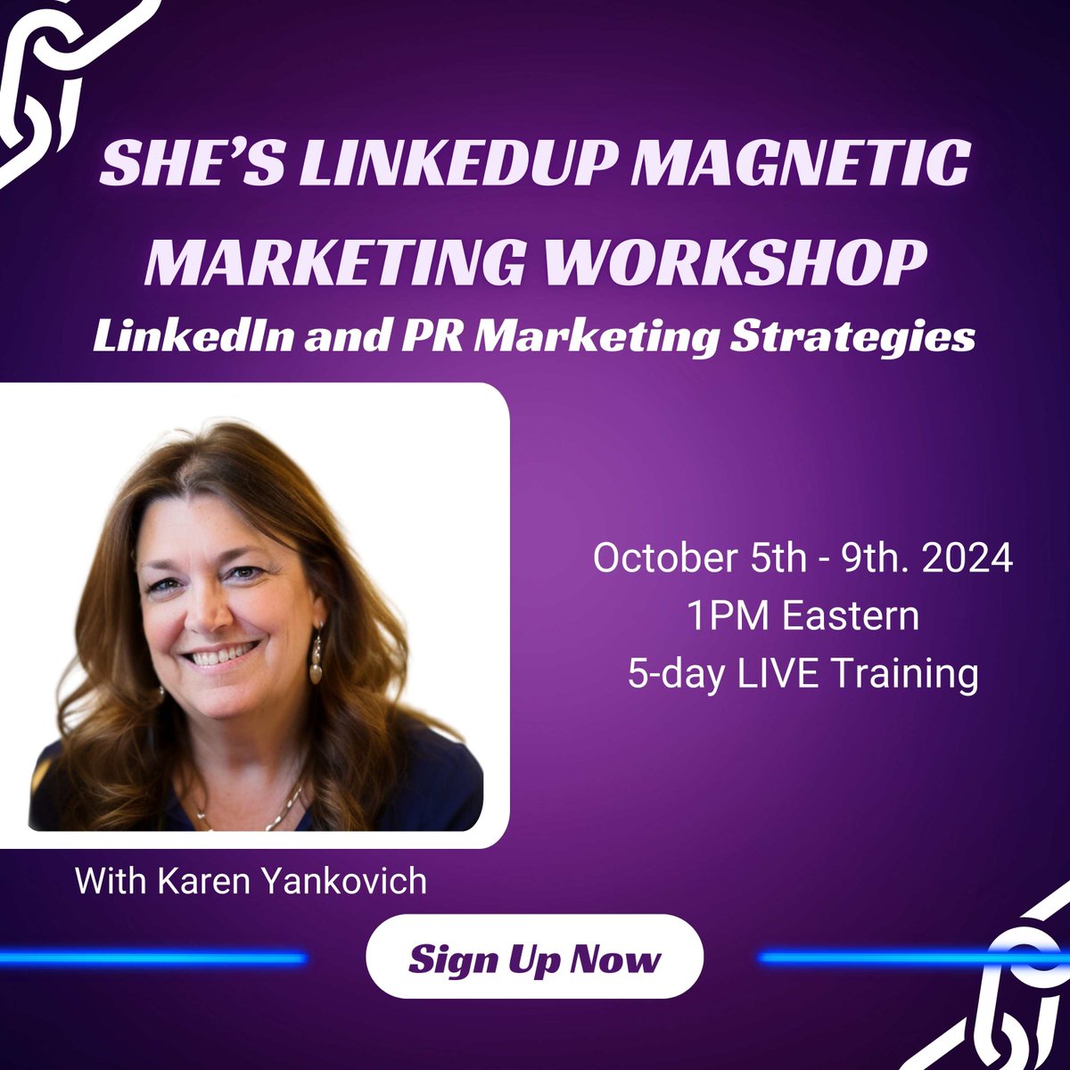 karenyankovich's tweet image. I’m hosting a FREE 5-Day Workshop: She’s LinkedUp Magnetic Marketing – starting on October 5th!
​
Click the link for all the details: bit.ly/3XAJUQ6 
​
#LinkedInMarketing #WomenInBusiness #ThoughtLeader #FreeWorkshop