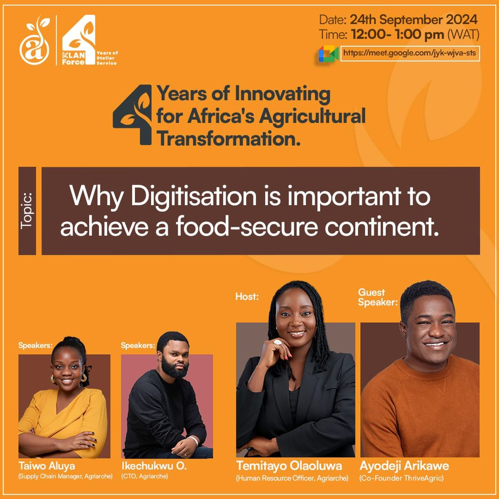 agriarche's tweet photo. Join us as we celebrate 4 years of Innovating for Africa’s Transformation with a special webinar on 'Why Digitisation is important to achieving a food-secure continent.'

We are excited to host Ayo Arikawe, Co-founder of Thrive Agric, https://t.co/IotdOnmIzm