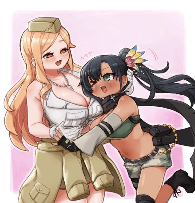 依頼絵納品しました!「ドールズフロントラインのM2HBとMT-9のイラストをお願いします!姉(M2HB)と妹(MT-9)のような感じがするように、多少の身長差とともに仲の良い姿でいてほしいです。」とのことでしたので描きました! 