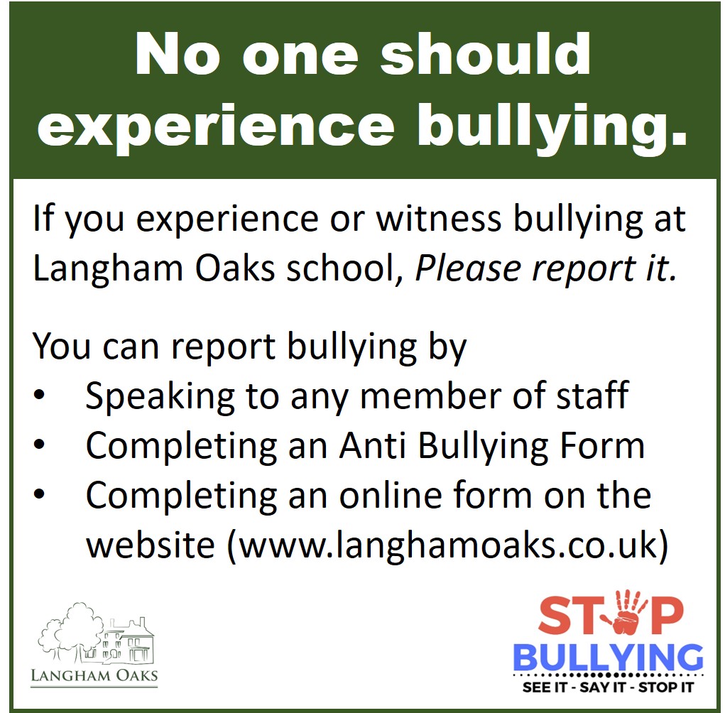 LanghamOaks's tweet photo. 👉No one should experience bullying.
If you experience or witness bullying at @LanghamOaks  school, Please report it.
You can report bullying by:
🗣️Speaking to any member of staff
✏️Completing an Anti Bullying Form
🌐Completing an online form https://t.co/8RnhPXtHIO https://t.co/50AzYMkYqQ